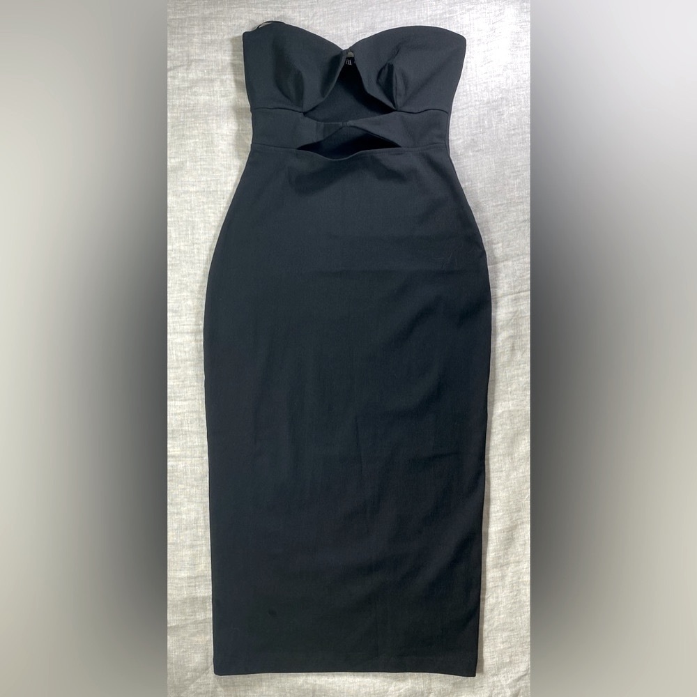 NWOT Zara Asymmetric Little Black Dress Midi Cut Out Waist Feminine Cocktail S - Picture 2 of 11